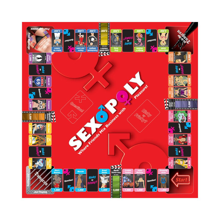 Sexopoly adult board game with colorful property spaces, question cards, and playful risqué themes on a red background.