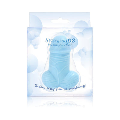 Blue novelty-shaped soap bar in clear packaging with playful design and branding.