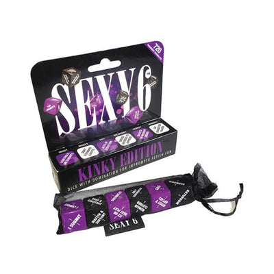 Set of six purple and black dice with fetish-themed prompts, packaged in a box labeled Sexy 6 Kinky Edition with a black mesh pouch.