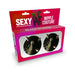 Black studded nipple covers in round shape displayed in pink and red Sexy AF Nipple Couture packaging box.