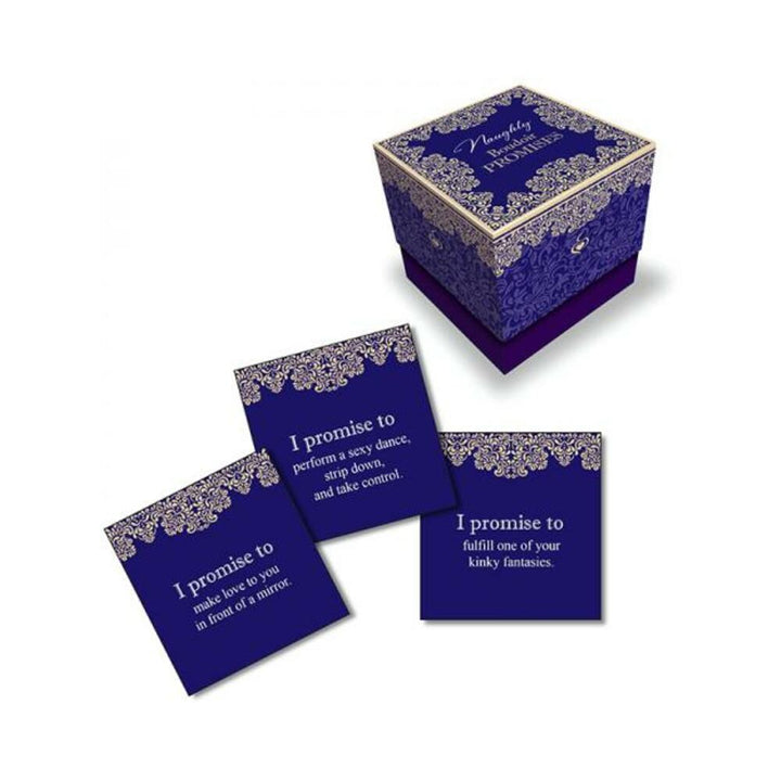 Elegant purple and gold decorative box with three romantic promise cards for couples' intimate adventures.