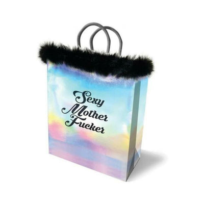 Iridescent gift bag with black marabou trim and bold script text on front, featuring twisted paper handles.
