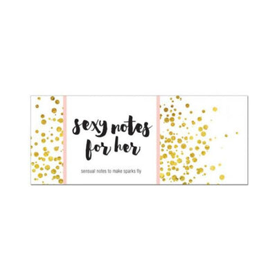 Box of Sexy Notes For Her with gold confetti design and elegant black script on white background