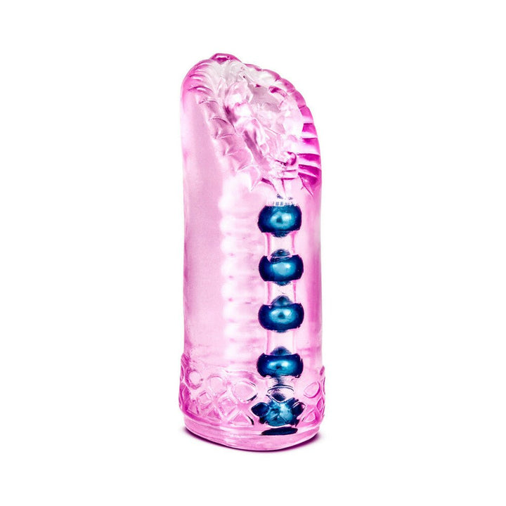 Pink translucent male pleasure sleeve with internal blue beads and textured surface for enhanced stimulation.