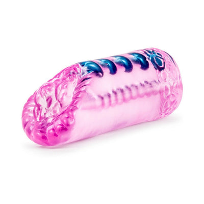 Pink translucent textured male pleasure sleeve with ribbed and beaded interior design.