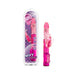 Pink mini rabbit vibrator with butterfly clitoral stimulator and textured shaft, shown with packaging.