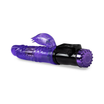 Purple translucent rabbit vibrator with rotating beads and flickering clitoral stimulator on black base with control dial.
