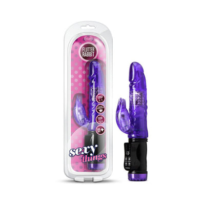 Purple translucent Flutter Rabbit vibrator with dual stimulation and control buttons, shown packaged and unpackaged.