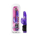 Purple translucent Flutter Rabbit vibrator with dual stimulation and control buttons, shown packaged and unpackaged.