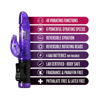 Purple translucent rabbit vibrator with control panel and key features listed beside it on a white background.