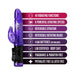 Purple translucent rabbit vibrator with control panel and key features listed beside it on a white background.