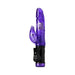 Purple translucent dual-stimulation vibrator with rotating beads and control panel on black base.