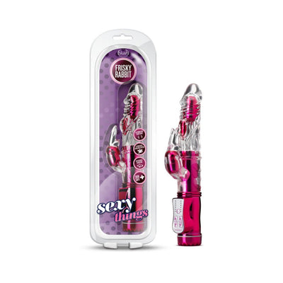 Pink Frisky Rabbit vibrator with clear textured shaft and bunny ears, shown packaged and unpackaged with control panel.