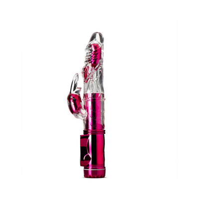 Pink and clear rabbit-style vibrator with textured shaft and clitoral stimulator on white background