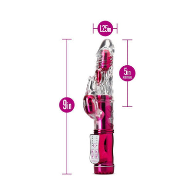 Pink Frisky Rabbit vibrator with clear textured shaft, bunny-shaped clitoral stimulator, and control panel, measuring 9 inches total length.