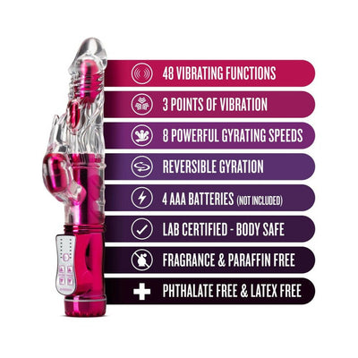 Pink Frisky Rabbit vibrator with control panel and list of features including 48 functions, reversible gyration, and body-safe materials.