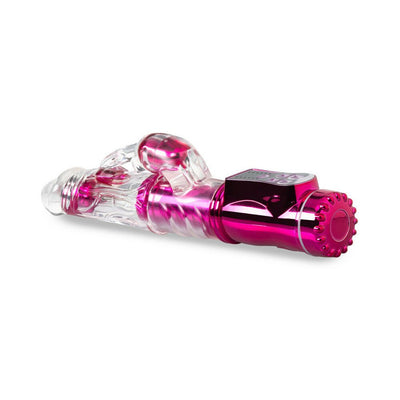 Pink and clear rabbit-style vibrator with control panel and textured shaft on white background.