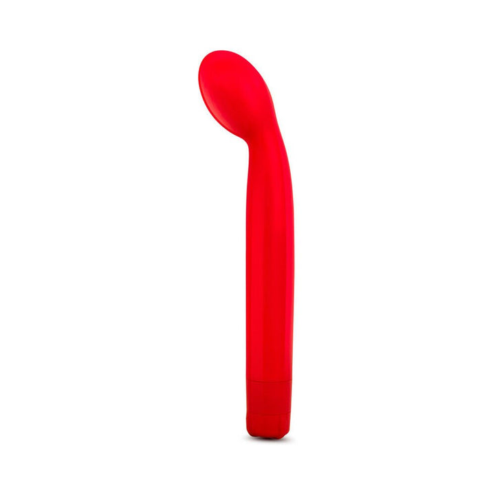 Sleek red G-spot stimulator with curved tip and smooth surface for targeted pleasure.
