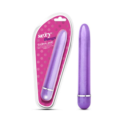 Purple slimline vibrator with pearl finish shown in and out of pink polka dot packaging.
