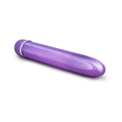 Sleek purple slimline vibrator with a pearl finish and silver accent ring on a white background.