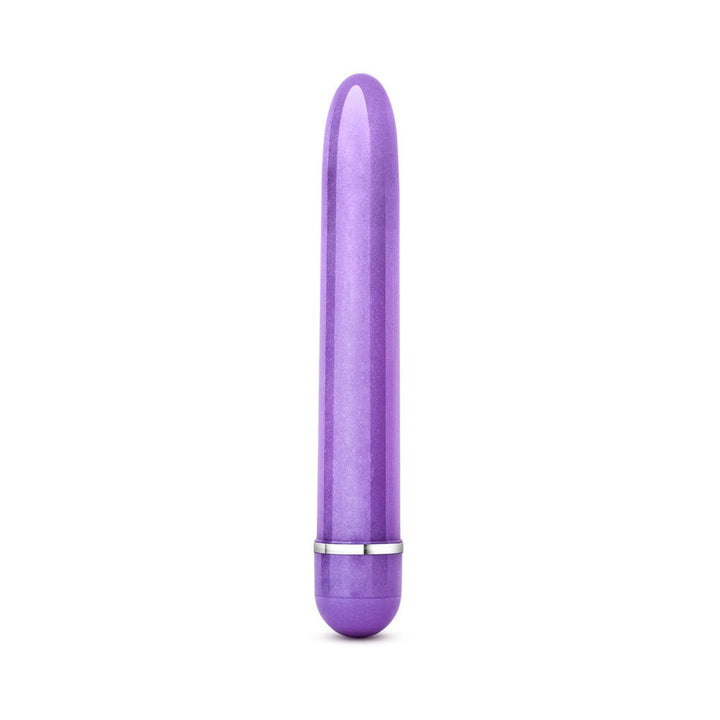 Slim, purple vibrator with a smooth, glossy finish and silver accent ring near the base.