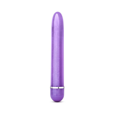 Slim, purple vibrator with a smooth, glossy finish and silver accent ring near the base.