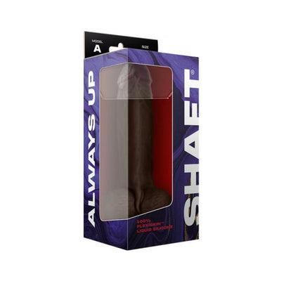 Packaged Shaft Model A liquid silicone dildo with balls, featuring a classic design and suction cup base in dark color.