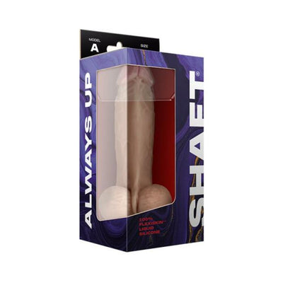 Shaft Model A realistic 8.5 inch liquid silicone dildo with balls in pine color, packaged in a purple box with clear window.