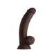Mahogany realistic dildo with balls, curved shaft, and suction cup base made from soft liquid silicone.