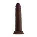 Realistic dark brown liquid silicone dildo with suction cup base, 7.5 inches long, detailed texture and smooth tip.