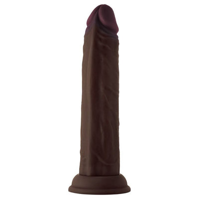 Realistic 8.5-inch dark brown liquid silicone dildo with suction cup base, designed for deeper sensations and hands-free use.