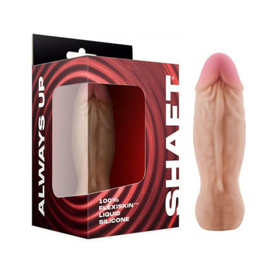 Realistic vibrating bullet dildo in pine color next to its red and black packaging with FLEXISKIN liquid silicone branding.
