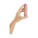 Hand holding a small realistic vibrating bullet dildo in pine color against a white background.