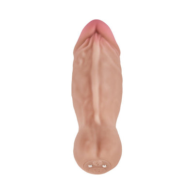 Realistic vibrating bullet dildo in natural skin tone with detailed texture and control buttons at the base.