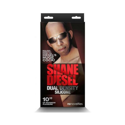 Packaging of Shane Diesel Dual Density Silicone Dildo featuring a portrait and bold red and white text on black background.
