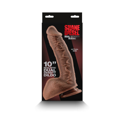 Shane Diesel dual density silicone dildo in realistic skin tone with textured veins and suction base in product packaging.