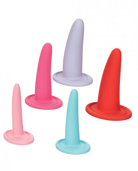 Set of five wearable vaginal dilators in varying sizes and colors, designed for gradual dilation and comfort.