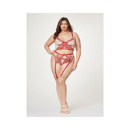 Sheer Stretch Mesh W/floral Contrast Embroidery Bustier, Garter Belt & Thong Red/nude 1x/2x - SexToy.com