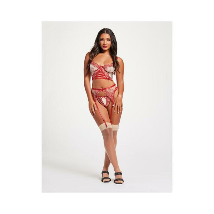 Sheer Stretch Mesh W/floral Contrast Embroidery Bustier, Garter Belt & Thong Red/nude Lg - SexToy.com
