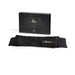 Black satin blindfold with "Shhhh" text in gold script, displayed with elegant black Bijoux Indiscrets packaging box.