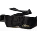 Black satin blindfold with "Shhh..." embroidered in gold script on the front, featuring long ties for a comfortable fit.