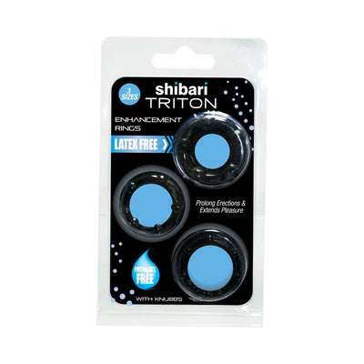 Shibari Triton black enhancement rings set with knubbs in three sizes, latex and phthalate free packaging.