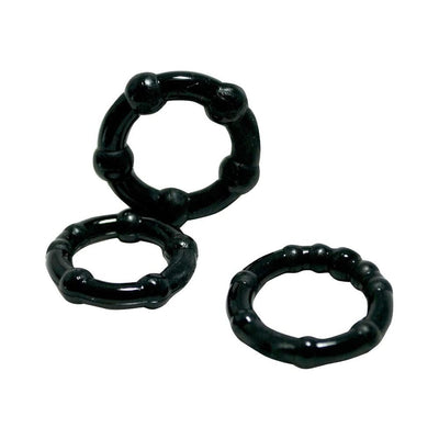 Set of three black textured pleasure rings with raised knubbs, designed for enhanced stimulation and comfort.
