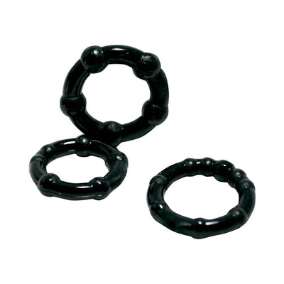 Set of three black textured pleasure rings with raised knubbs for enhanced stimulation.