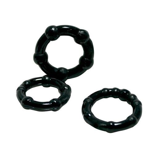 Set of three black textured pleasure rings with raised knubbs for enhanced stimulation.