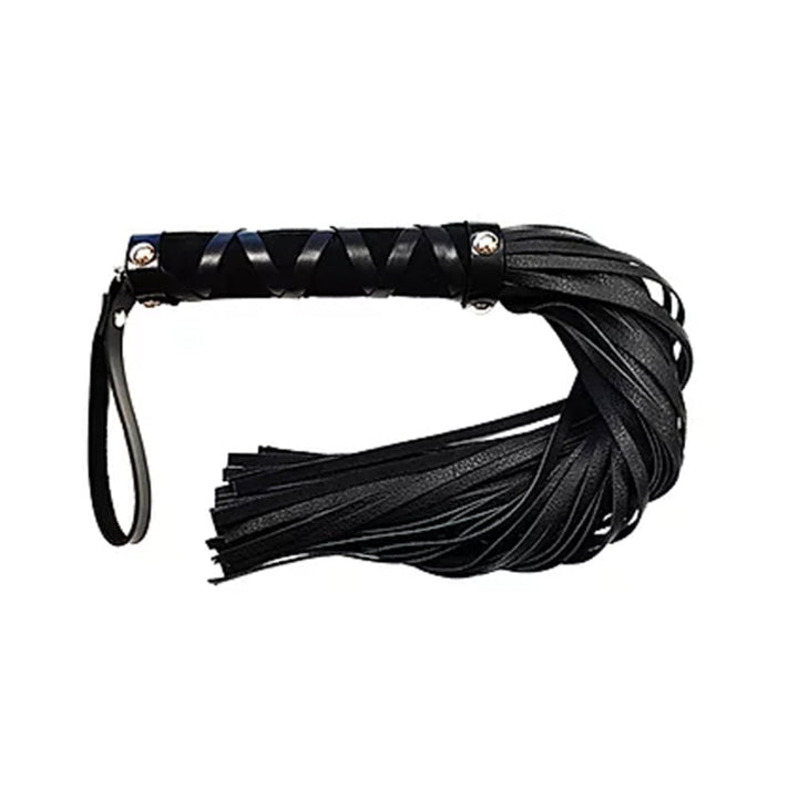 Black leather flogger with multiple tails and a studded handle wrapped in leather straps with wrist loop.