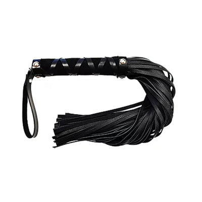 Black leather flogger with multiple tails and a studded handle wrapped in leather straps with wrist loop.
