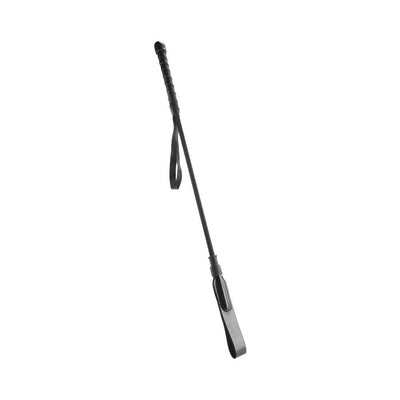 Black 20-inch short riding crop with slim tip and wrapped handle for easy grip and control.