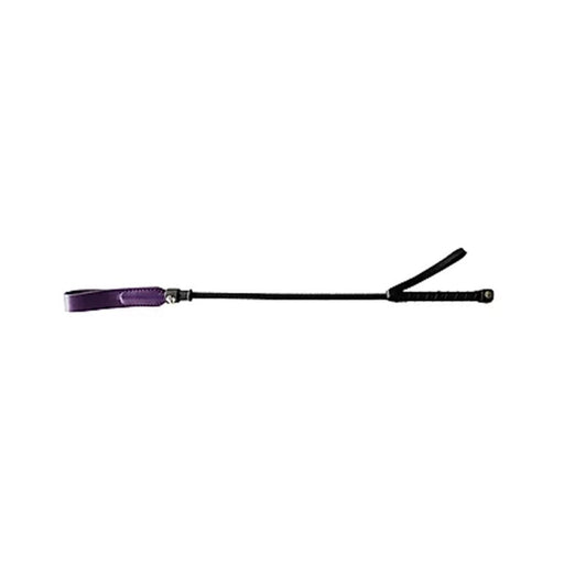 Purple and black 20-inch short riding crop with slim tip and wrist strap on white background.