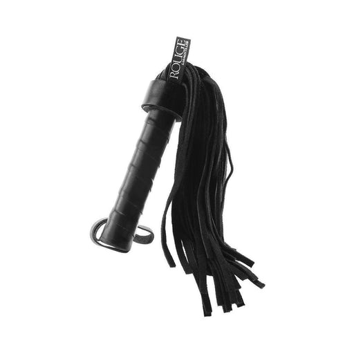 Black short suede flogger with leather handle and extra grip strap, designed for sensation and impact play.